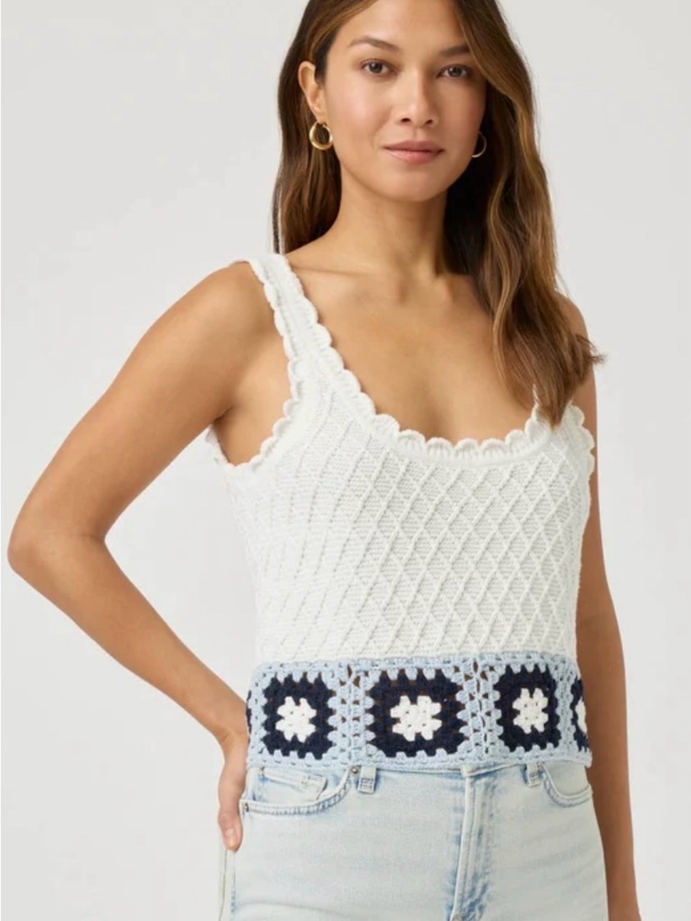 Splendid White Crochet Knit Tank Top with Navy Accent